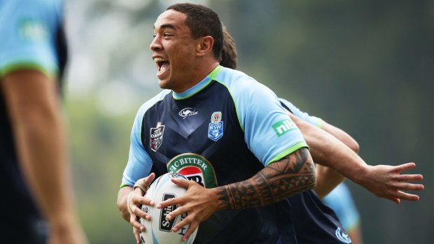 Back in blue: Tyson Frizell trains with the NSW squad prior to game one of the series.