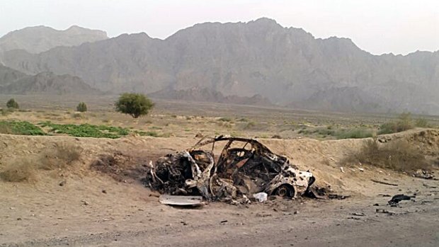 A photograph said to show the scene of the attack on Mullah Akhtar Mansour's car.