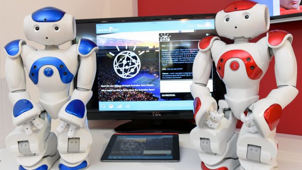 IBM Watson-powered robots Niki and Nikita at the IBM marquee at the Australian Open 2015 in Melbourne.