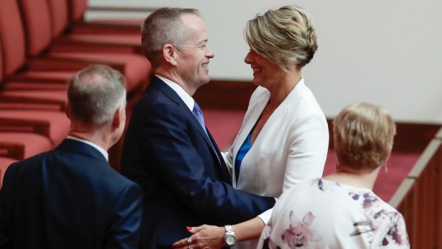 Kristina Keneally is congratulated by Opposition Leader Bill Shorten after being sworn in as Senator.