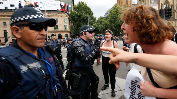 Rare sight? Pro-refugee protesters clash with police in Melbourne last week.