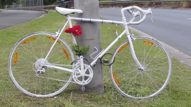 A ghost bicycle marking where Richard Pollett was killed on Moggill Road at Kenmore.