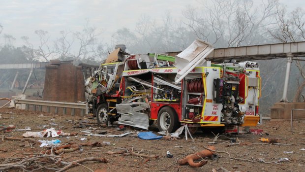 One of the fire trucks damaged in the explosion.