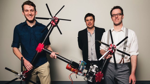 SOAPdrones technician Aidan Cavanagh (left), chief executive Matthew Altenburg and chief technical officer Paul Riess with the petrol-fueled drone the company is developing.