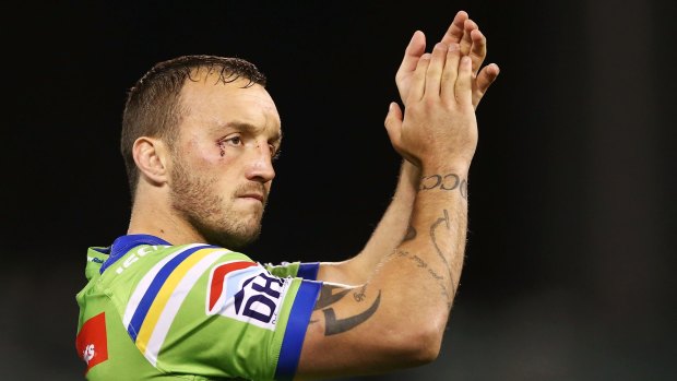 Josh Hodgson thanks Raiders fans after his side's semi-final win over the Panthers.