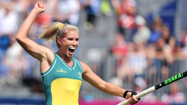 Jodie Kenny celebrates her goal during the Hockeyroos' win over Germany in the Champions Trophy.
