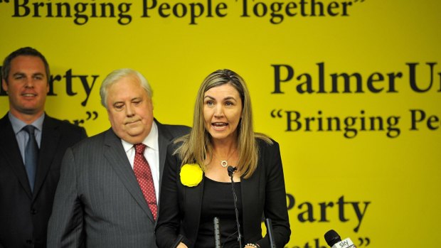 Clive Palmer Party NSW senate candidate Suellen Wrightson speaks during the Palmer United campaign launch on June 18, with Queensland senate candidate James McDonald in the background.