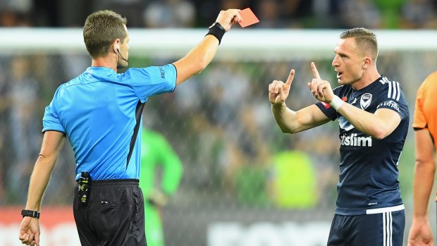Raw deal?: Victory's Besart Berisha is sent off controversially.
