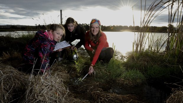 At the Jerrabomberra Wetlands, Frog Watch co-ordinator, Anke
Maria Hoefer of Page, right, takes a temperature reading with the help
of volunteers, Kelly Bateup 9 left and Olivia Bateup 10 both of
Fadden. 