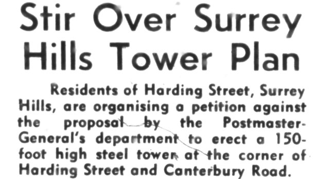 A 1961 headline over the proposed 150-foot steel tower in Canterbury Road, Surrey Hills. 