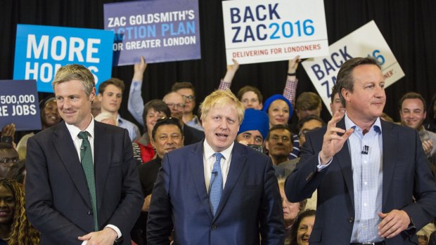 From left: Conservative candidate for London mayor Zac Goldsmith; current mayor Boris Johnson and British Prime Minister David Cameron.