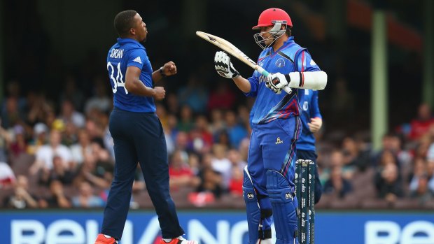 Nasir Jamal of Afghanistan calls for a review after being given out, caught behind off the bowling of Chris Jordan of England, during the Group A game at the SCG on March 13.