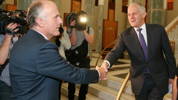Senator Eric Abetz greets Prime Minister Malcolm Turnbull. Senator Abetz's message on marriage equality is equally chilling to republican enthusiasts. 