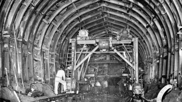 Drillers at work on the Snow Hydro Scheme's Eucumbene-Tumut tunnel in 1957.