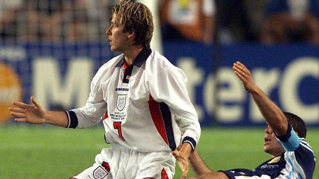The moment before David Beckham was sent off against Argentina in the 1998 World Cup.