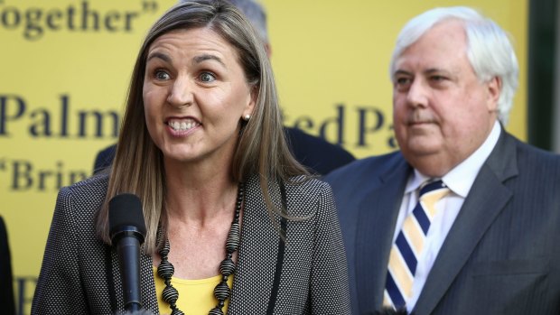 Palmer United Party candidate Suellen Wrightson with PUP leader Clive Palmer on Thursday.