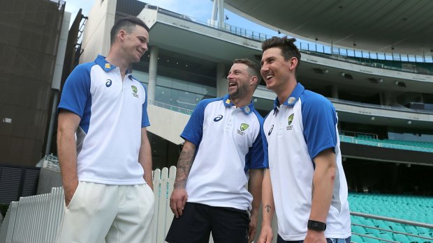 New faces: Peter Handscomb, left, Matthew Wade, centre, and Nic Maddinson share a laugh at the SCG on Sunday.