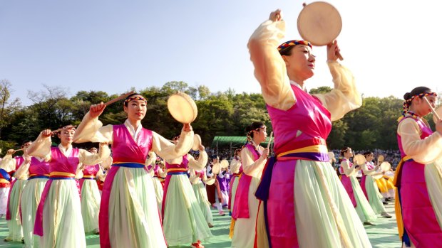 Performance at a Buddhist Cheer Rally for celebration of the Lotus Lantern Festival in  Seoul, Korea. 