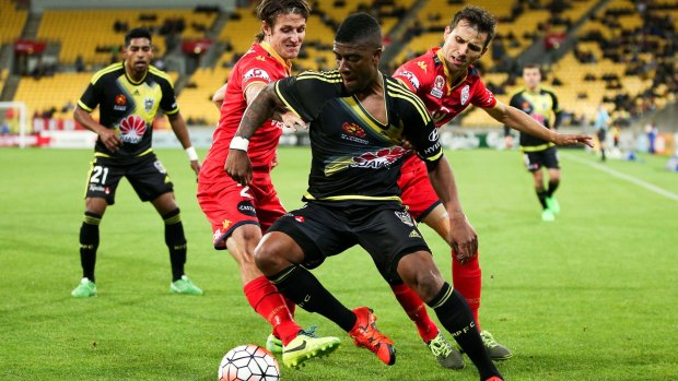 Two-goal hero Roly Bonevacia of the Phoenix beats the challenge of Michael Marrone (left) and Isaias of Adelaide United.