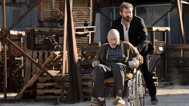 Patrick Stewart as Professor Charles Xavier and  Hugh Jackman as Wolverine in Logan.