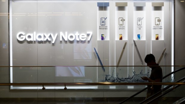 Advertisements for the Galaxy Note7, which is being recalled.