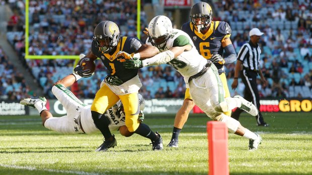 Bear on the move: California's Melquise Stovall is tackled during the College Football Sydney Cup match against University of Hawaii at ANZ Stadium.