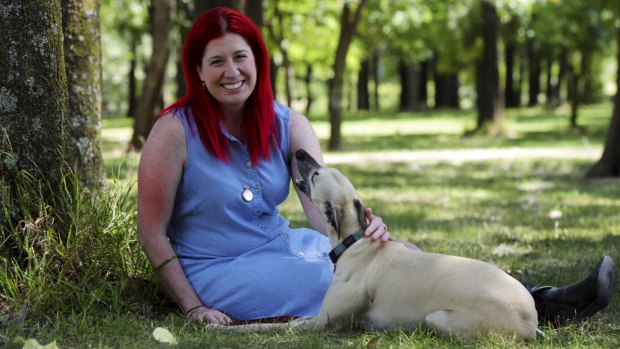 Belconnen Community Council chairwoman Tara Cheyne with her whippet, Cooper, at John Knight Memorial Park.