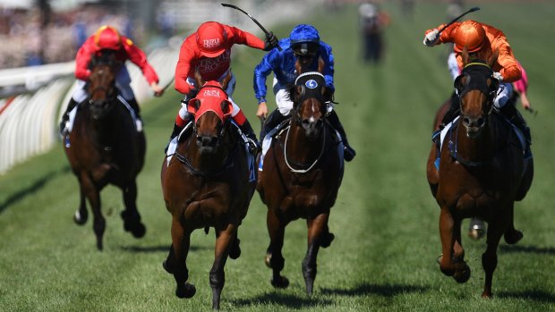 Kerrin McEvoy guides Redzel home in the Darley Classic.
