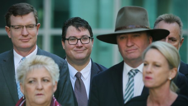 George Christensen (centre) at Parliament House with other federal Nationals MPs. 