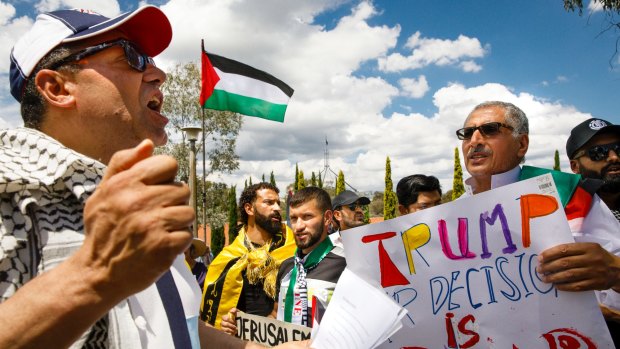 A rally in front of the US embassy in Canberra to protest Donald Trump's Jerusalem ruling.