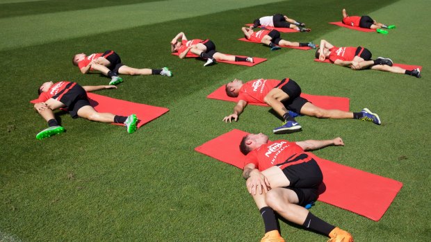 Doing the twist: The Western Sydney Wanderers warm up before training on Monday.