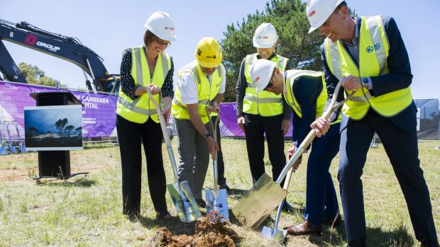 Meegan Fitzharris, left, Stephen Parker, Chris Burke, Andrew Barr, and Simon Corbell at the sod-turning event at the University of Canberra public hospital site.