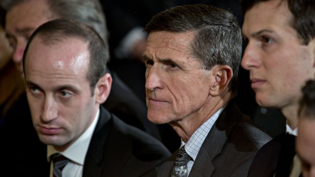 Michael Flynn, former US national security adviser, centre, and Jared Kushner, senior White House adviser, right, are both under scrutiny over their ties to Russia.