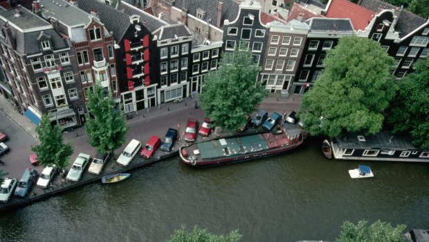 An aerial view of canal houses near the Anne Frank House and the Westerkerk.