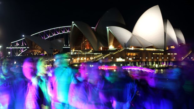 Circular Quay is bathed in light during the last week of the Vivid festival in Sydney.