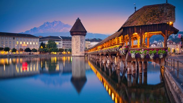 A twilight blue hour shows Lucerne in all its glory.