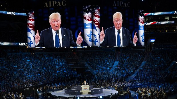 Donald Trump addresses an American Israel Public Affairs Committee policy conference in Washington, March 2016.  