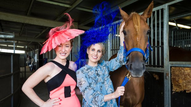 Canberra radio royalty Kristen Henry (left) and Beth Larsen with Black Opal Stakes entrant Sizzling Belle.