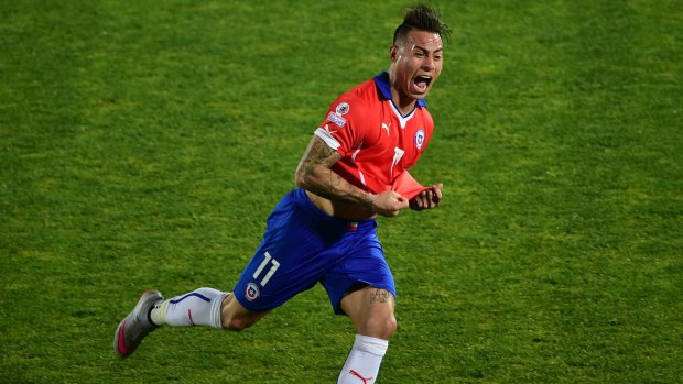 Chile's Eduardo Vargas celebrates his long-range goal.