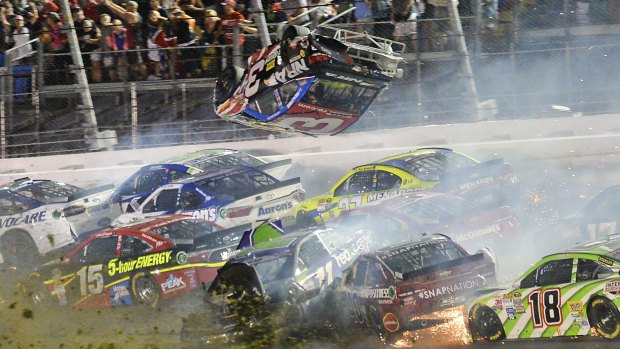 Austin Dillon is airborne as he was involved in a multi-car crash on the final lap of the NASCAR Sprint Cup series.