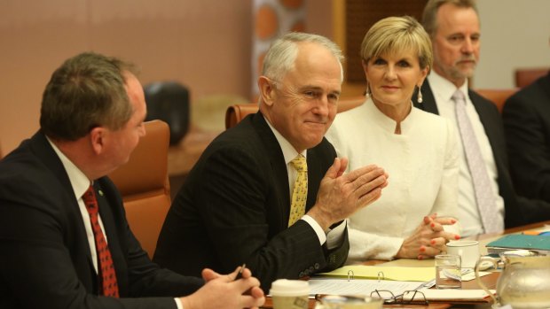 Malcolm Turnbull with Deputy Prime Minister Barnaby Joyce and Foreign Affairs Minister Julie Bishop in his first post-election cabinet meeting.