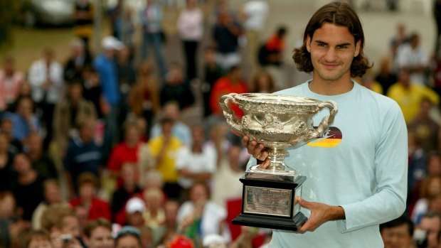 A hirsute Roger Federer wins the Australian Open in 2004.