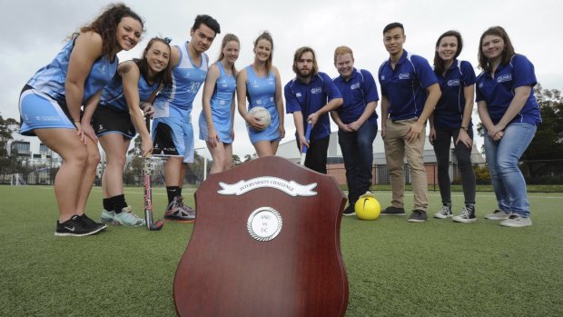 Athletes from the University of Canberra and the Australian National University will compete for bragging rights on Thursday. From left, Madison Hardgrave, Kelby Pointon, Benjamin Merchant, Sophie Howard and Molly Dickson (UC); Will Anderson, Zac Piesse, Leo Nguyen, Bec Collis and Claire Burkett-Roscoe (ANU).