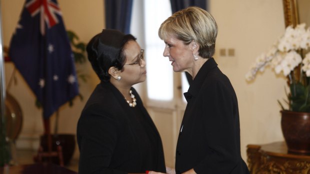 Australian Foreign Minister Julie Bishop meets Indonesian Minister of Foreign Affairs Retno Marsudi in Jakarta on Monday.