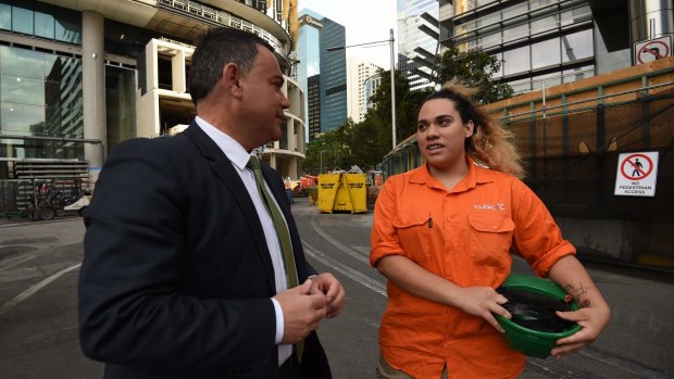NSW Minister for Skills John Barilaro talks with Desiree Owens, an apprentice carpenter.