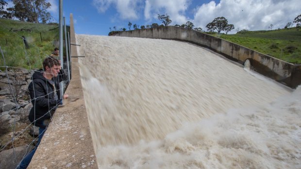 Water rushes over the spillway at Lake Eppalock.