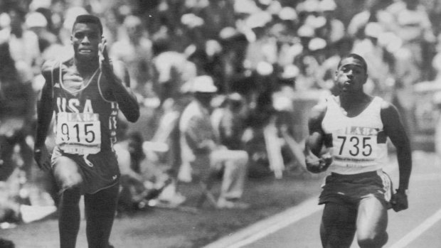Carl  Lewis wins a heat in the 100-metre sprint at the 1984 Los Angeles Olympics