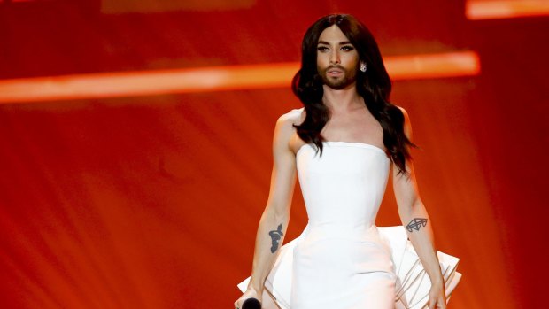 Last year's winner Conchita Wurst of Austria performs during the first semifinal of the upcoming 60th annual Eurovision Song Contest.