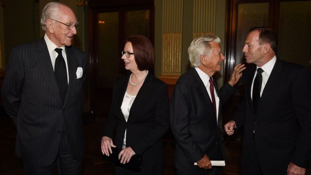 Former prime ministers Malcolm Fraser, Julia Gillard, Bob Hawke and current Prime Minister Tony Abbott mingle following the memorial service for Gough Whitlam.