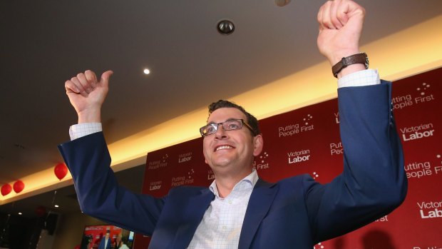 Labor leader Daniel Andrews celebrates on Saturday night.